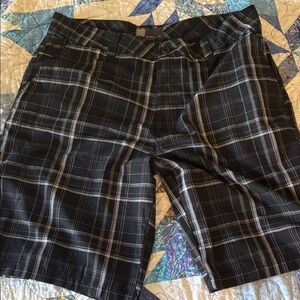 O'Neill Black Plaid Flat Front Shorts with Gray & White Lines